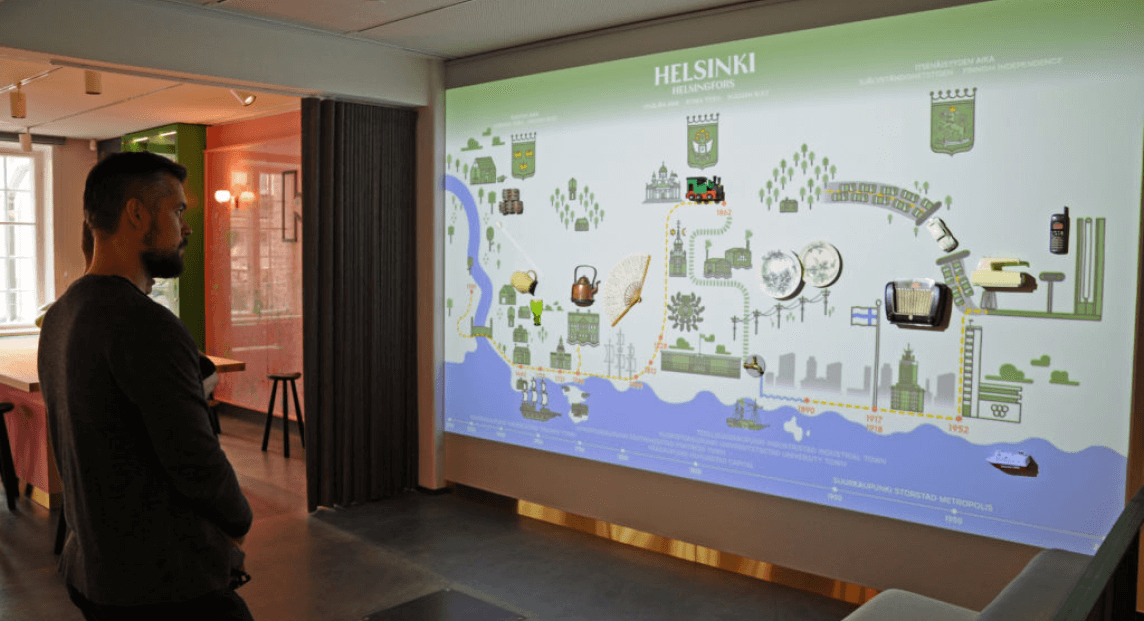 Стилизованная карта Хельсинки с видеопроекцией, предметами и анимацией.